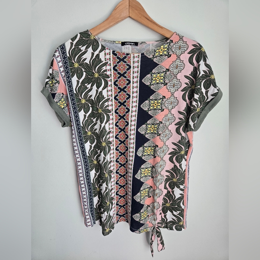 OLSEN Pink and Green Graphic Tie Front Short Sleeve Tee